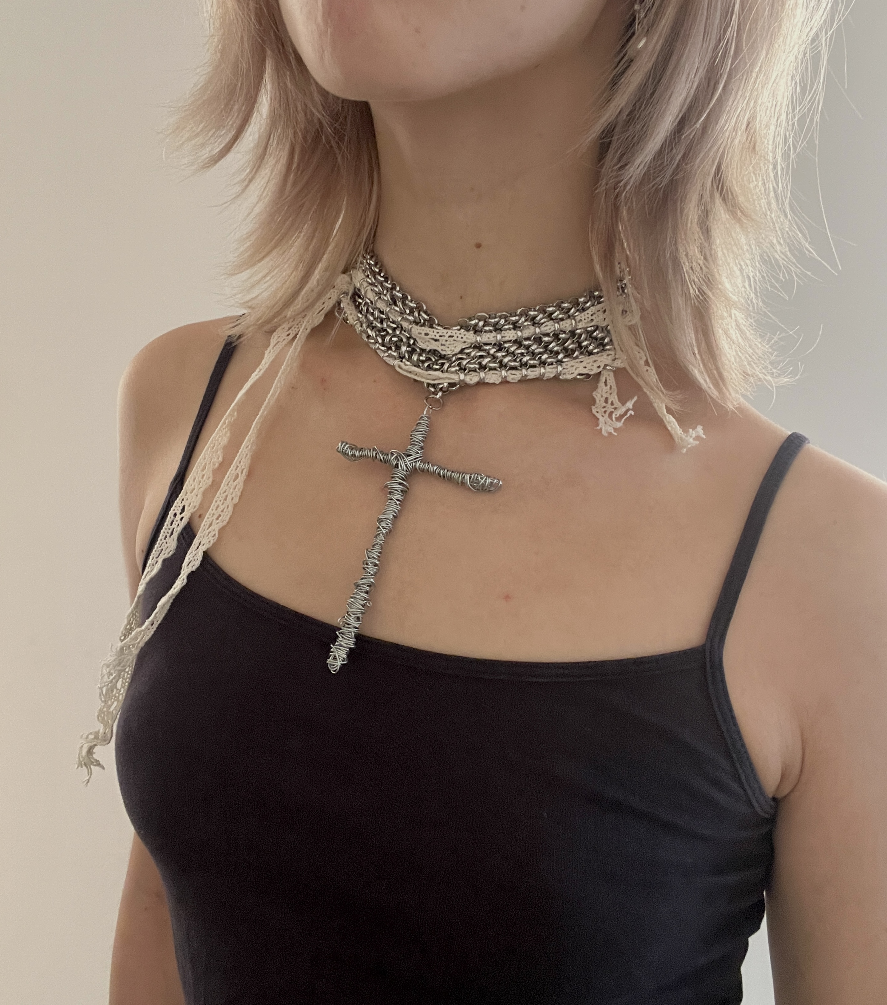 crochet lace X metal choker — handmade statement jewellery, Baby Toefu